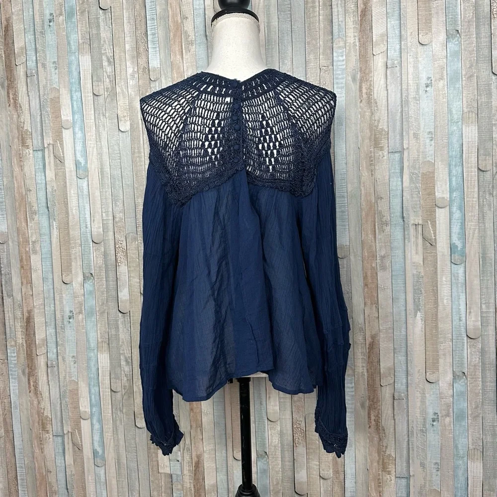 Free People M Navy Blue Gauze‎ Crochet Lace Bib Early Frost Top Blouse Boho